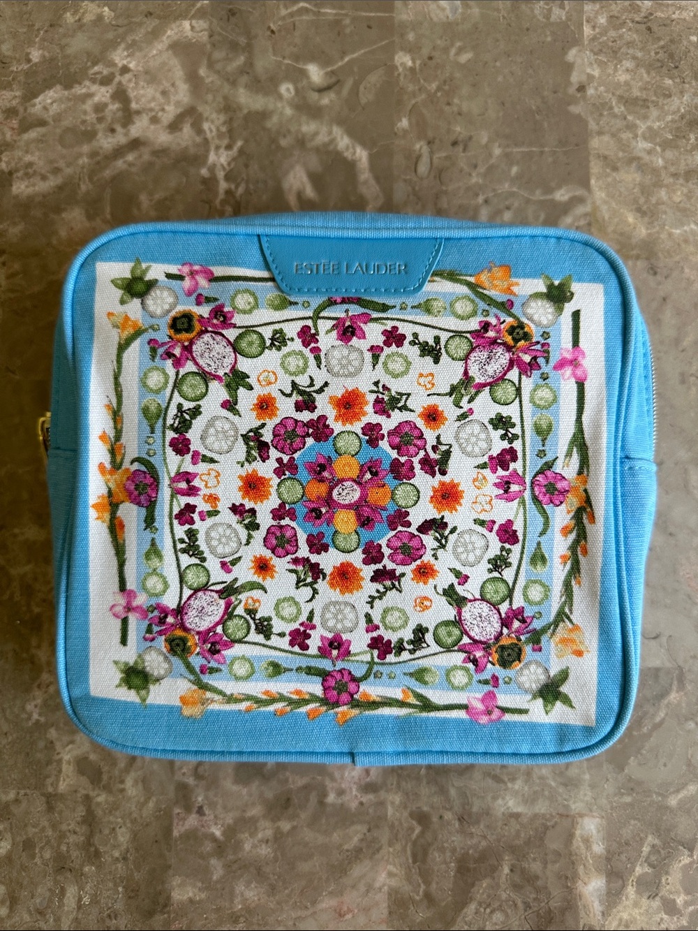 Estee Lauder Flower & Fruit Print Canvas Cosmetic Makeup Bag ~ Blue